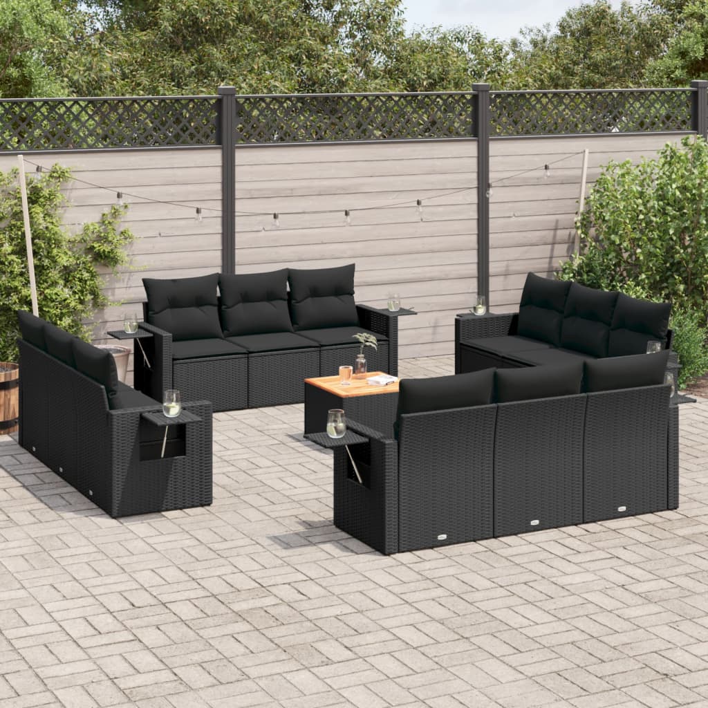 13-delige Loungeset met kussens poly rattan zwart