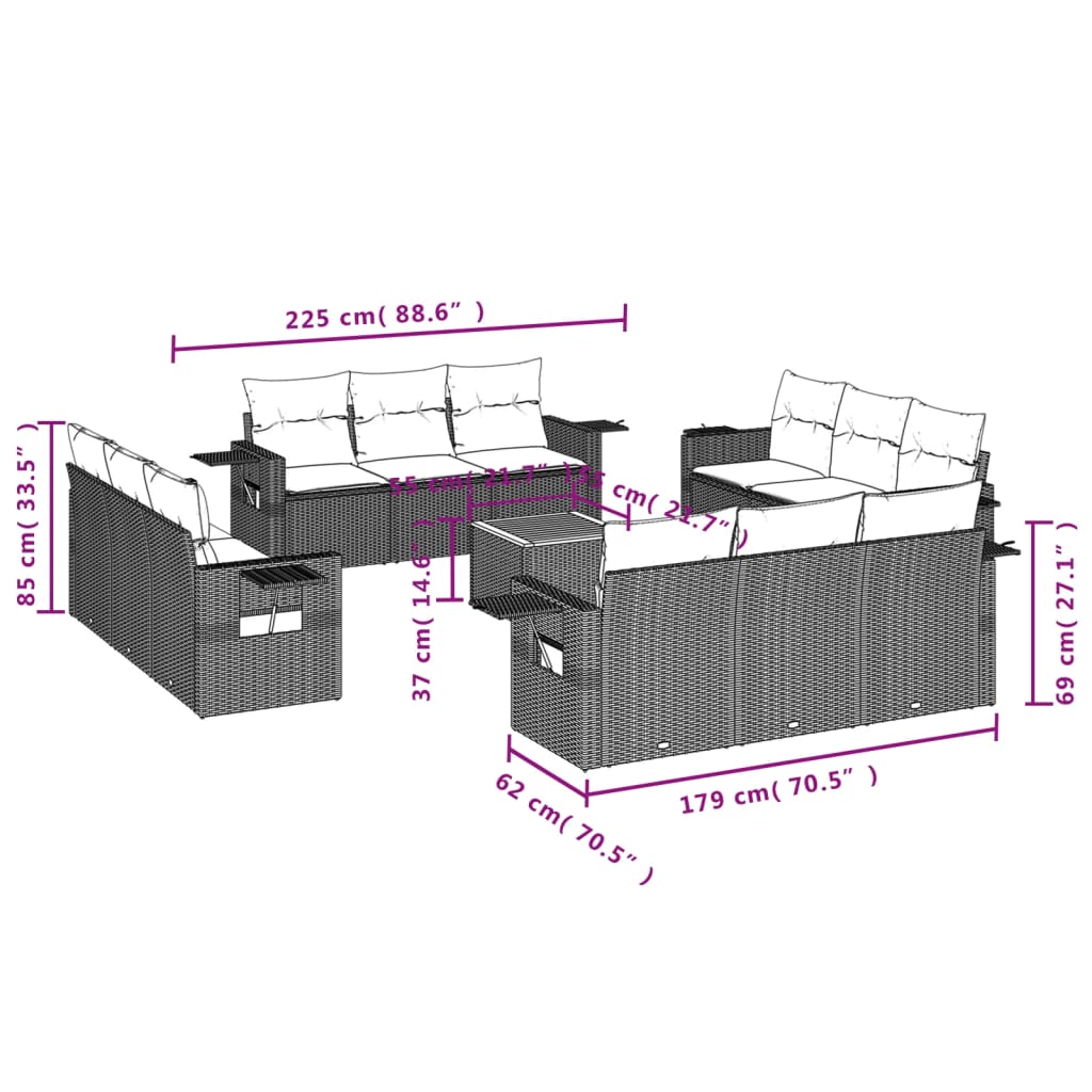 13-delige Loungeset met kussens poly rattan zwart