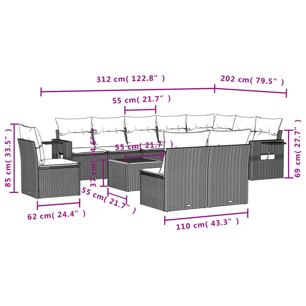 11-delige Tuinset met kussens poly rattan beige