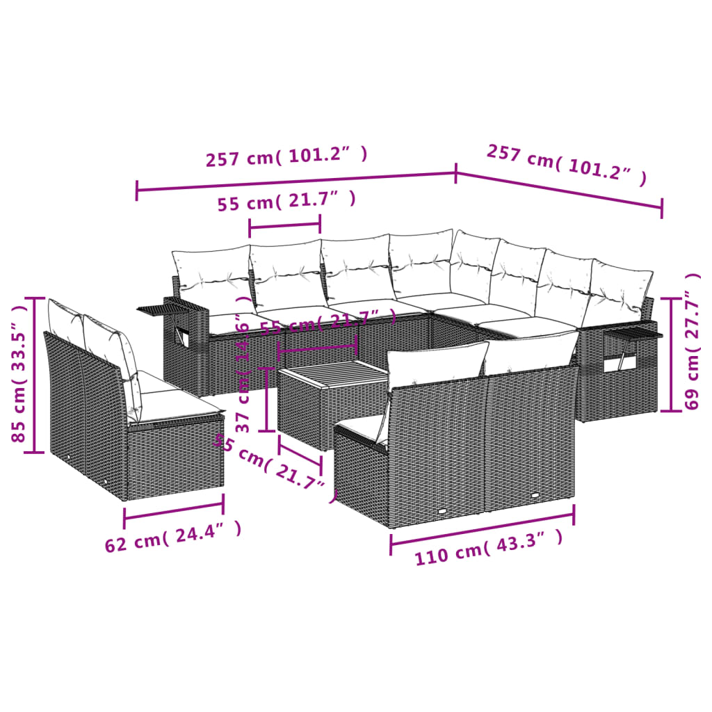 12-delige Loungeset met kussens poly rattan zwart