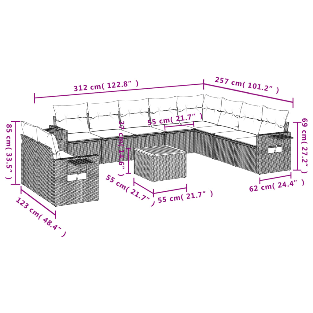 11-delige Tuinset met kussens poly rattan beige