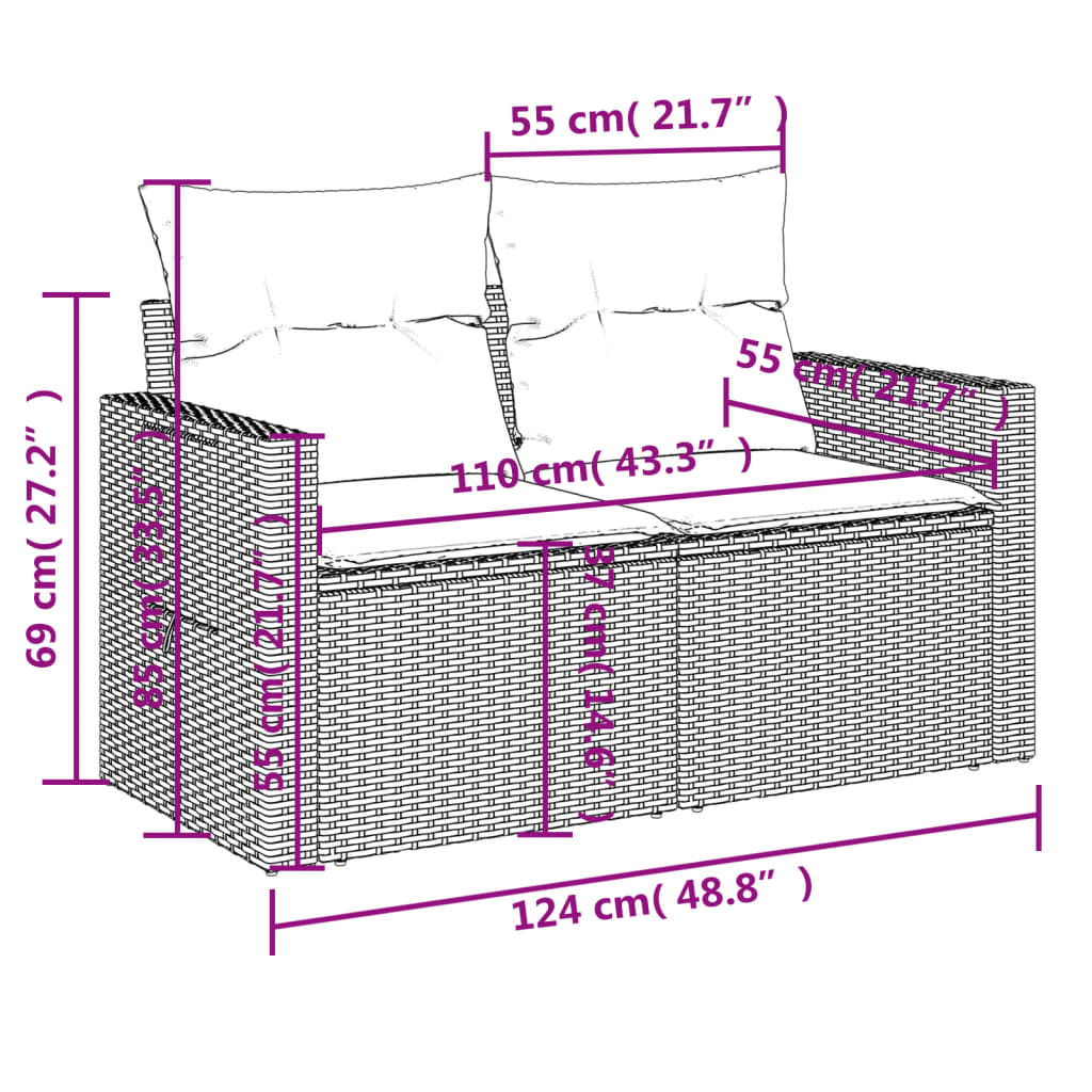 10-delige Loungeset met kussens poly rattan zwart