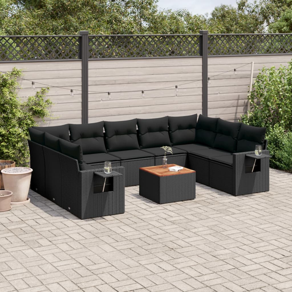 10-delige Loungeset met kussens poly rattan zwart