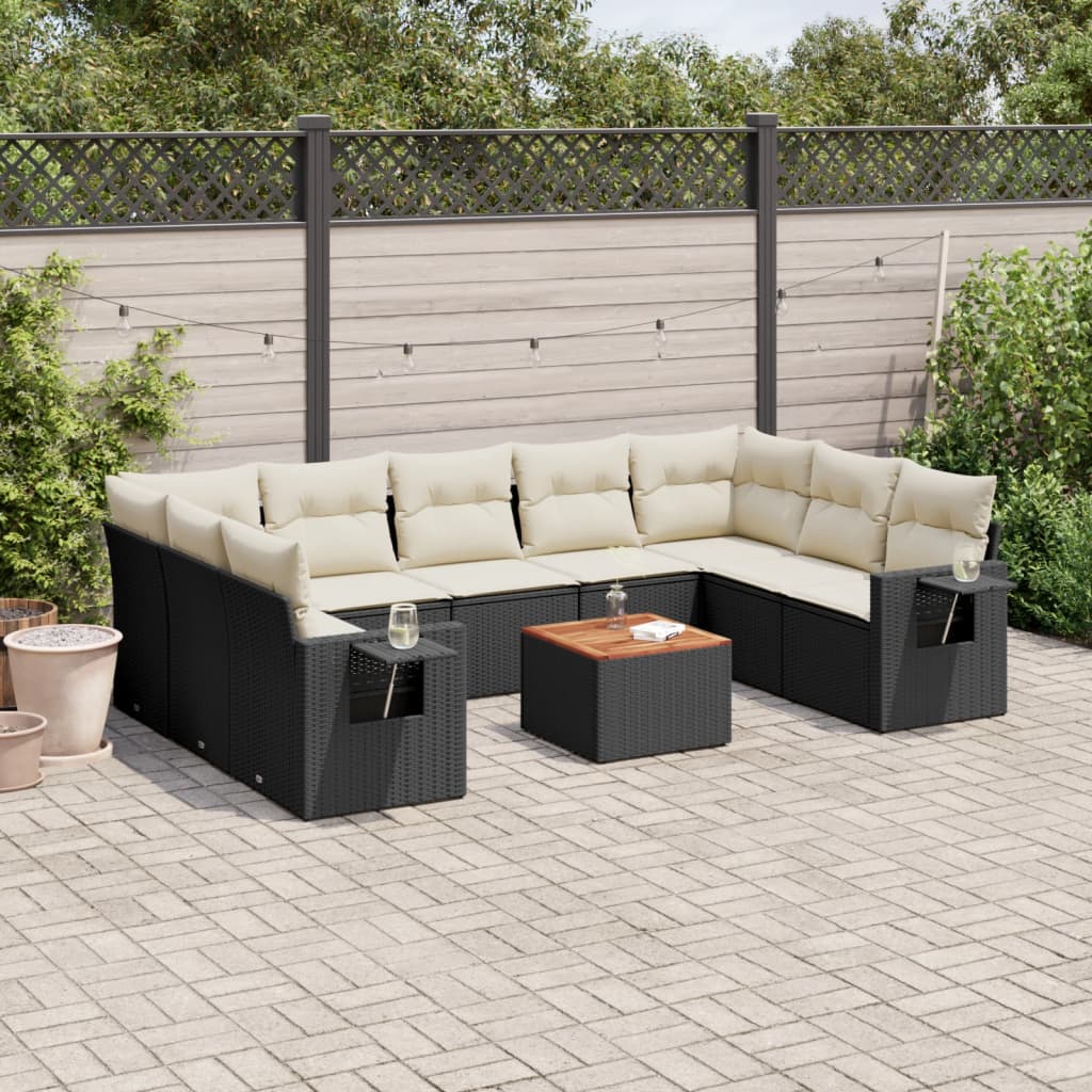 10-delige Loungeset met kussens poly rattan zwart