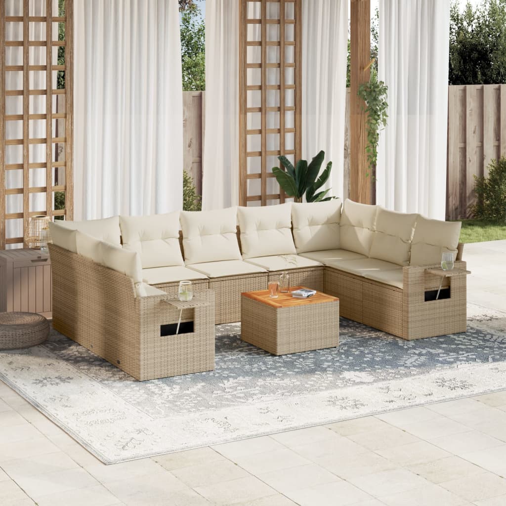 10-delige Loungeset met kussens poly rattan zwart