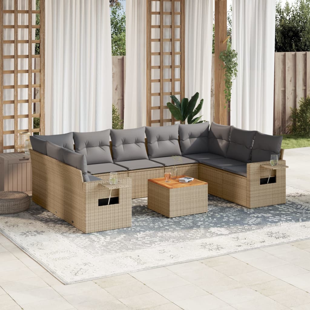 10-delige Loungeset met kussens poly rattan zwart