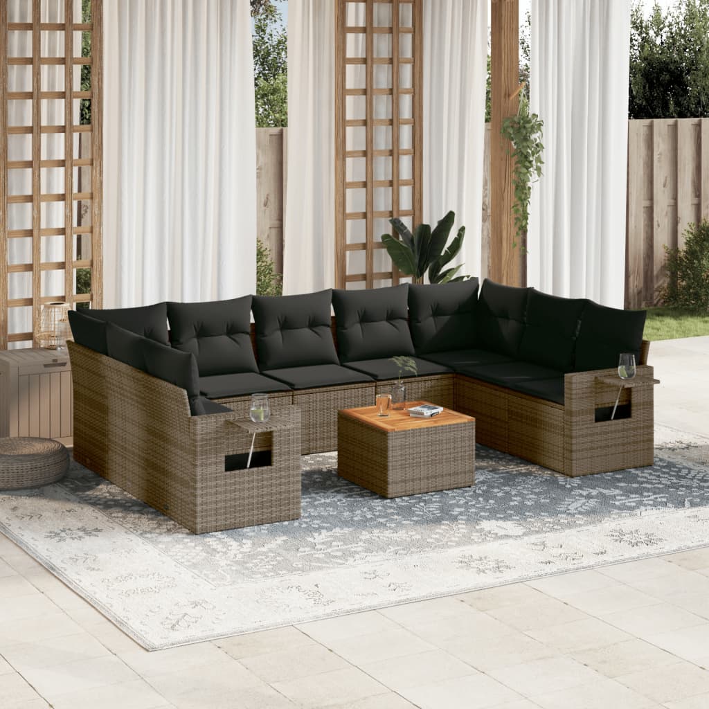 10-delige Loungeset met kussens poly rattan zwart