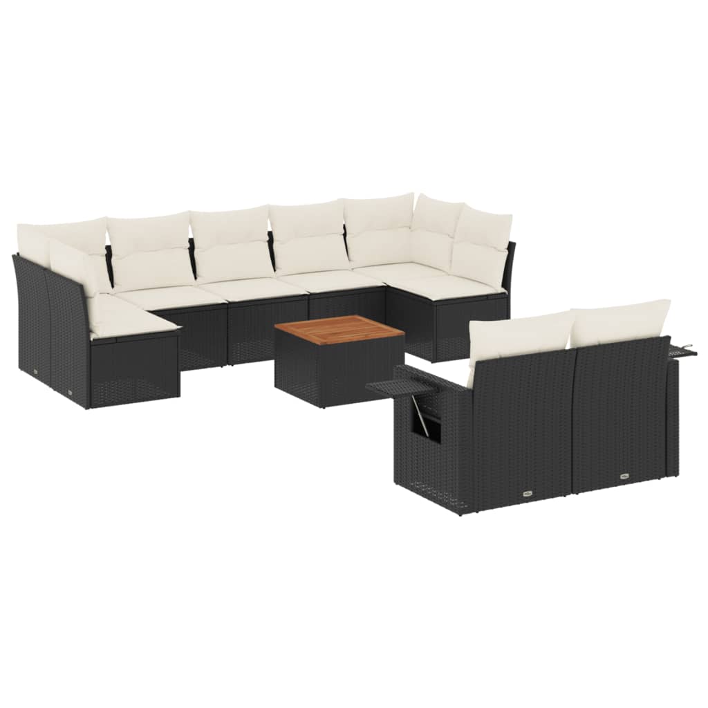 10-delige Loungeset met kussens poly rattan zwart