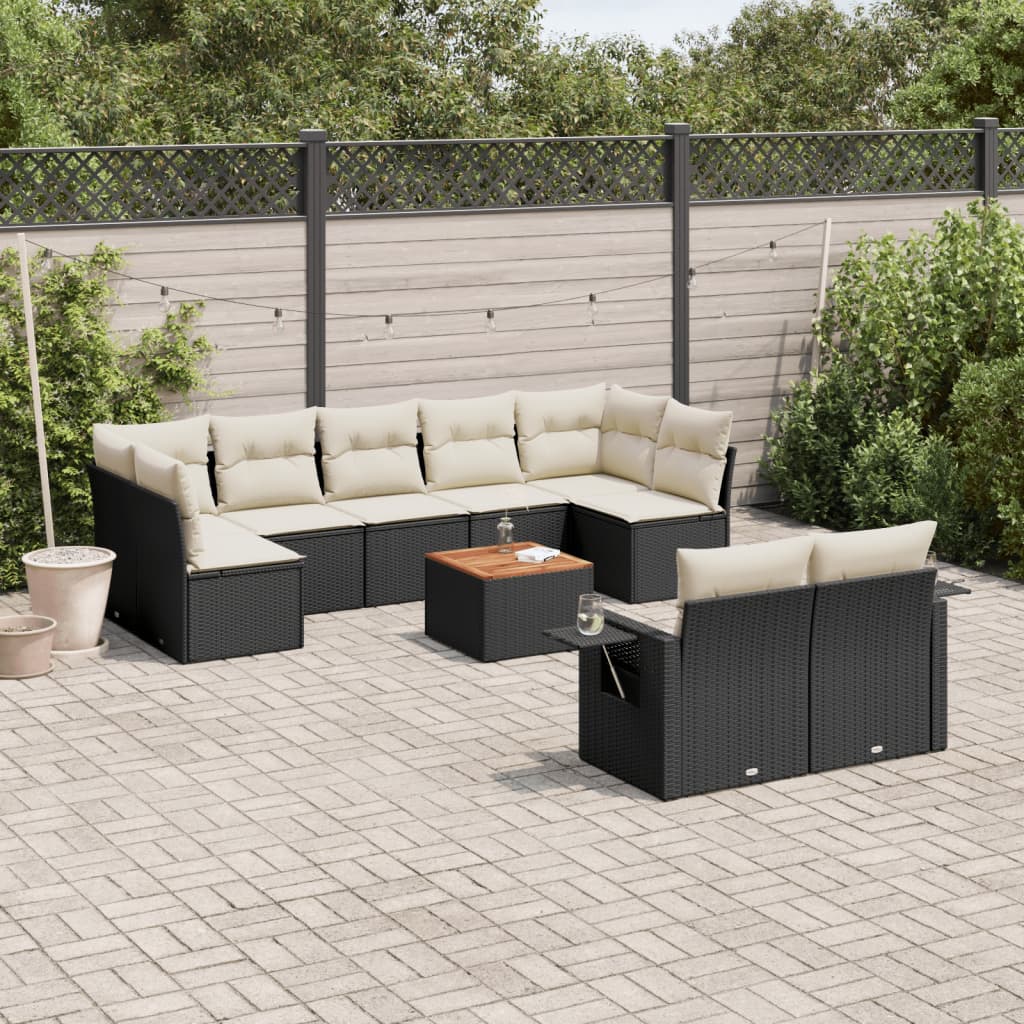 10-delige Loungeset met kussens poly rattan zwart