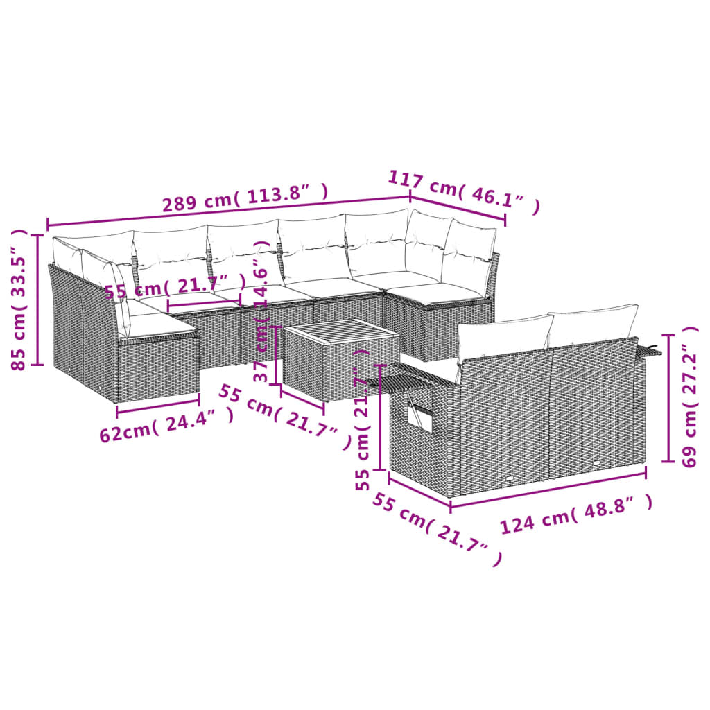 10-delige Loungeset met kussens poly rattan zwart