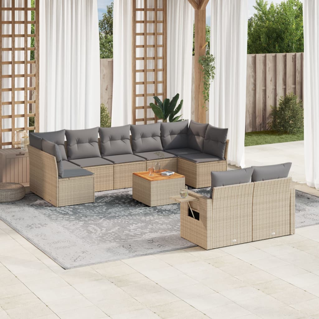 10-delige Loungeset met kussens poly rattan zwart