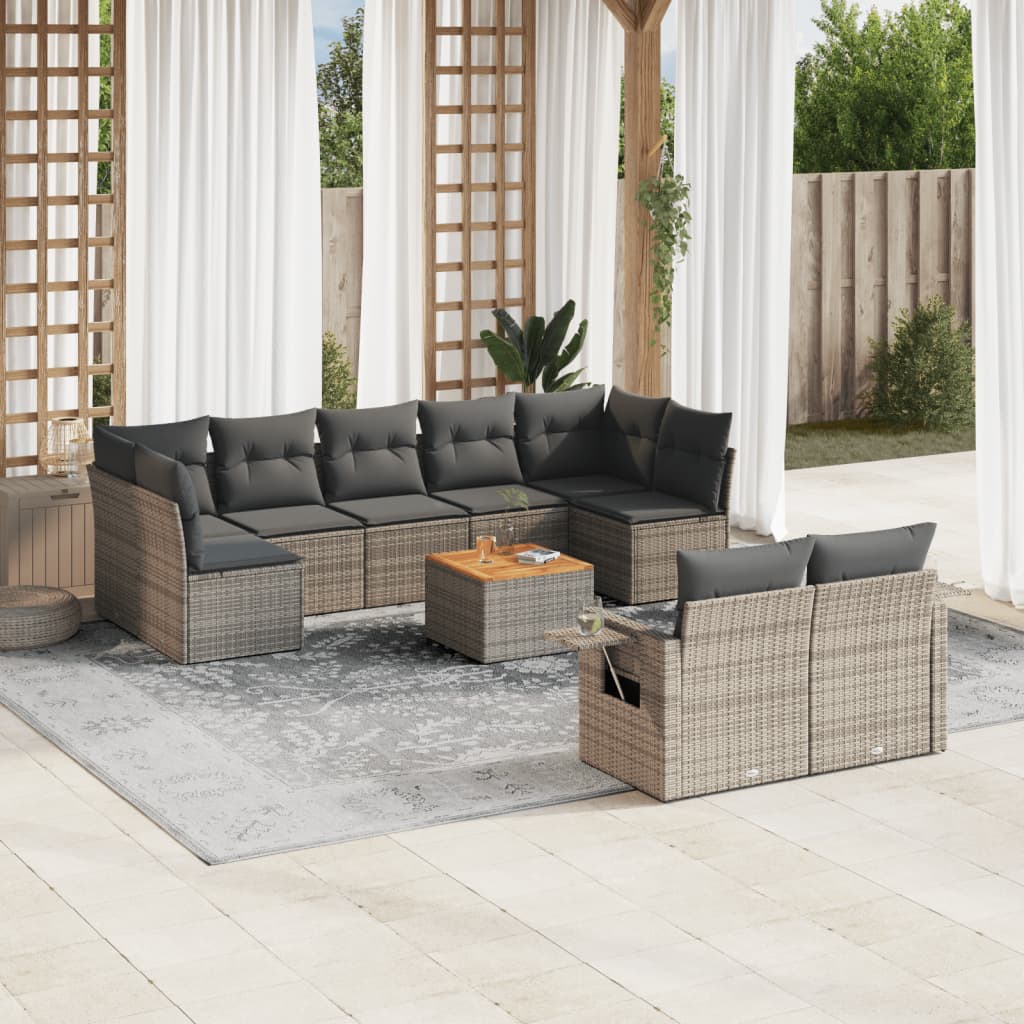 10-delige Loungeset met kussens poly rattan zwart