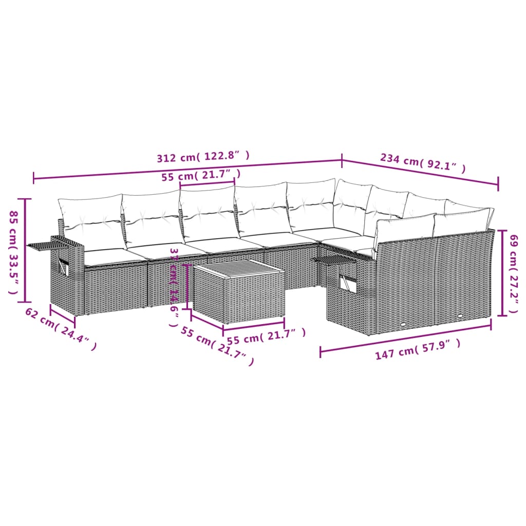 10-delige Loungeset met kussens poly rattan zwart