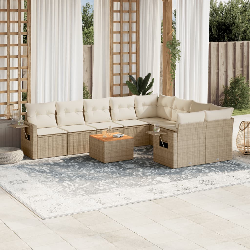 10-delige Loungeset met kussens poly rattan zwart