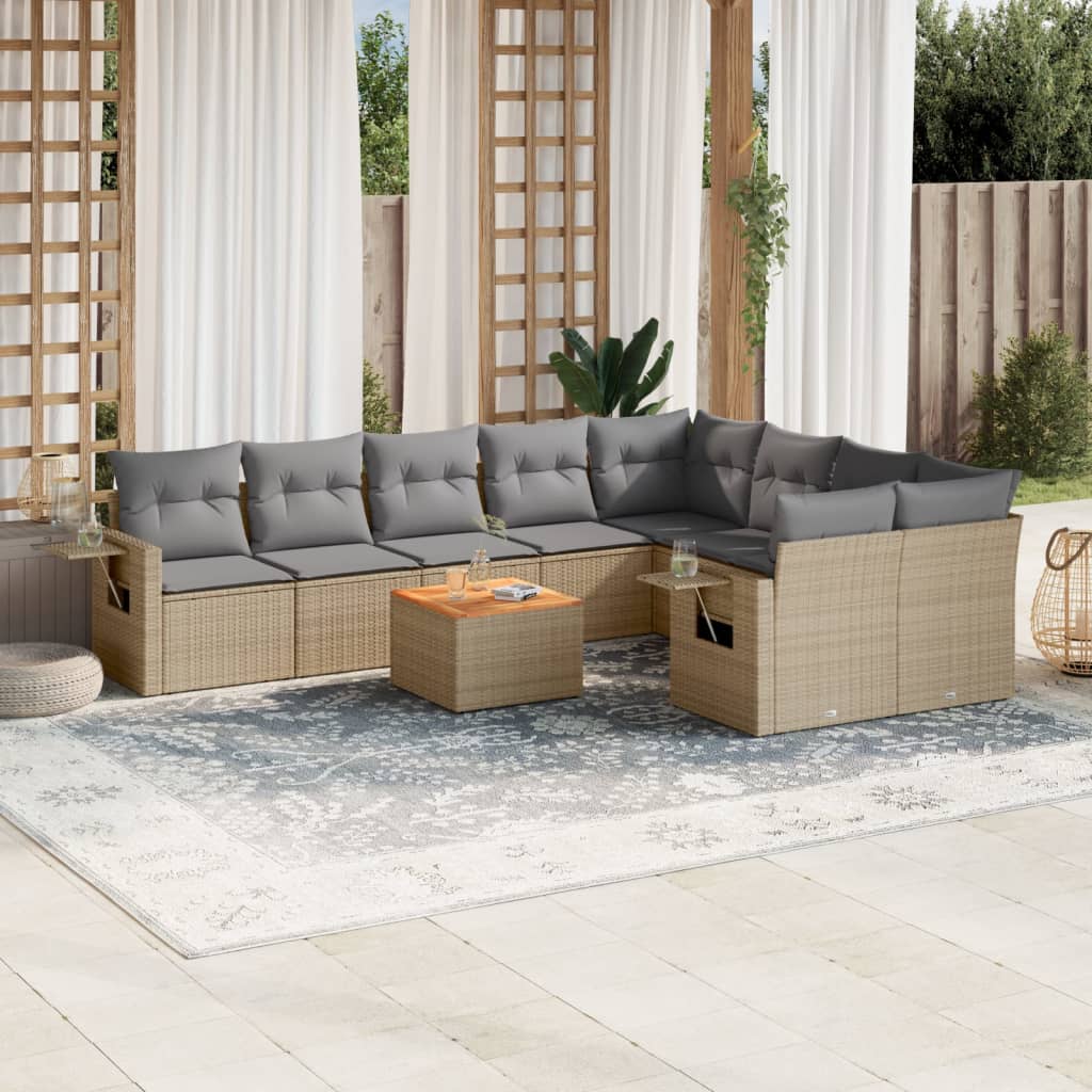 10-delige Loungeset met kussens poly rattan zwart