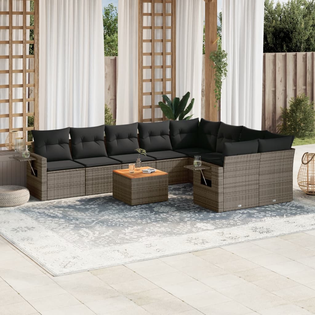 10-delige Loungeset met kussens poly rattan zwart