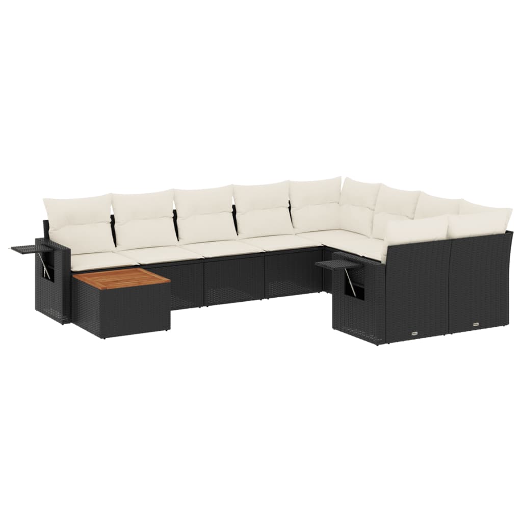 10-delige Loungeset met kussens poly rattan zwart