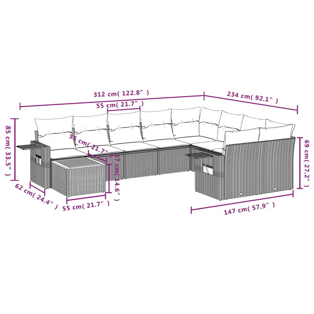 10-delige Loungeset met kussens poly rattan zwart