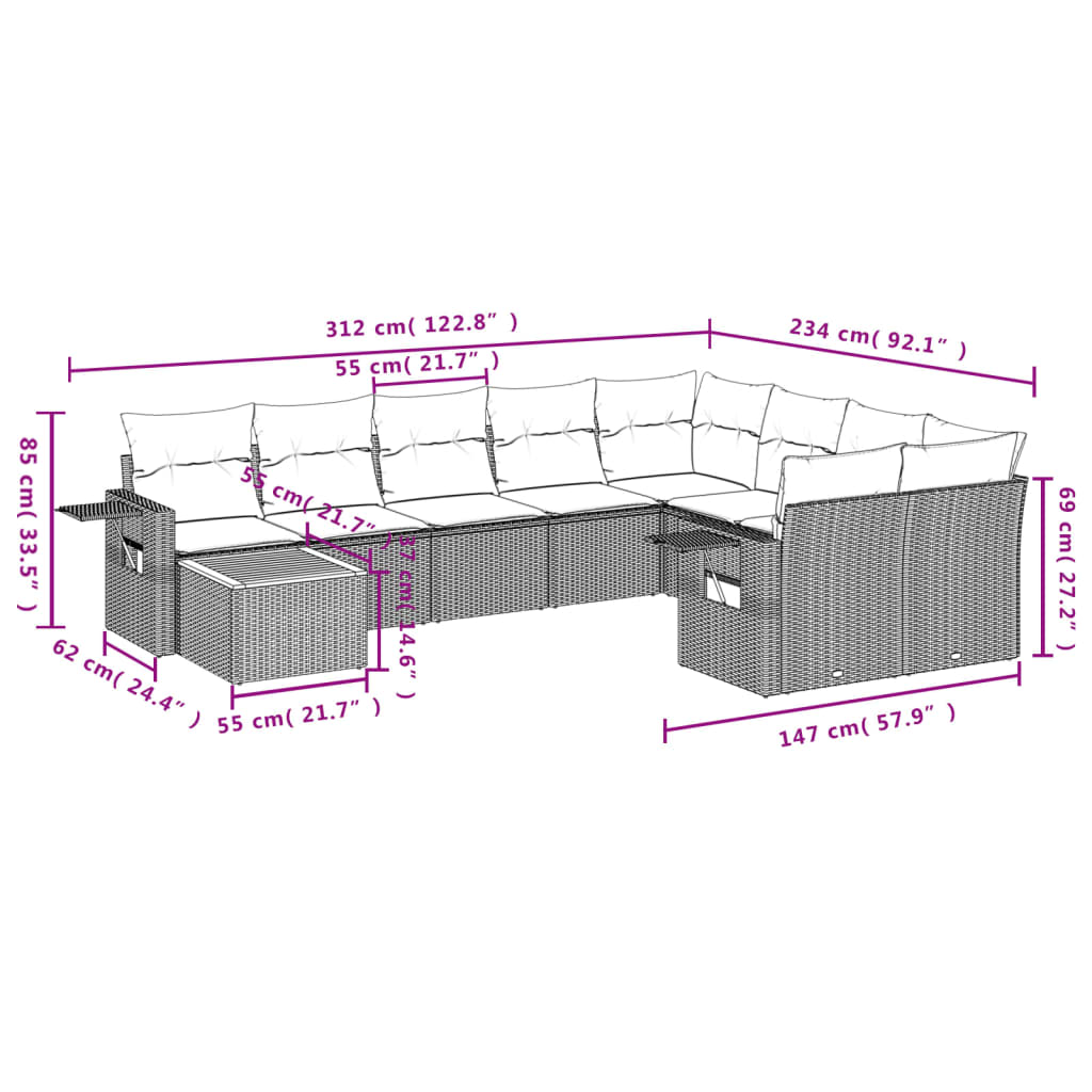 10-delige Loungeset met kussens poly rattan zwart