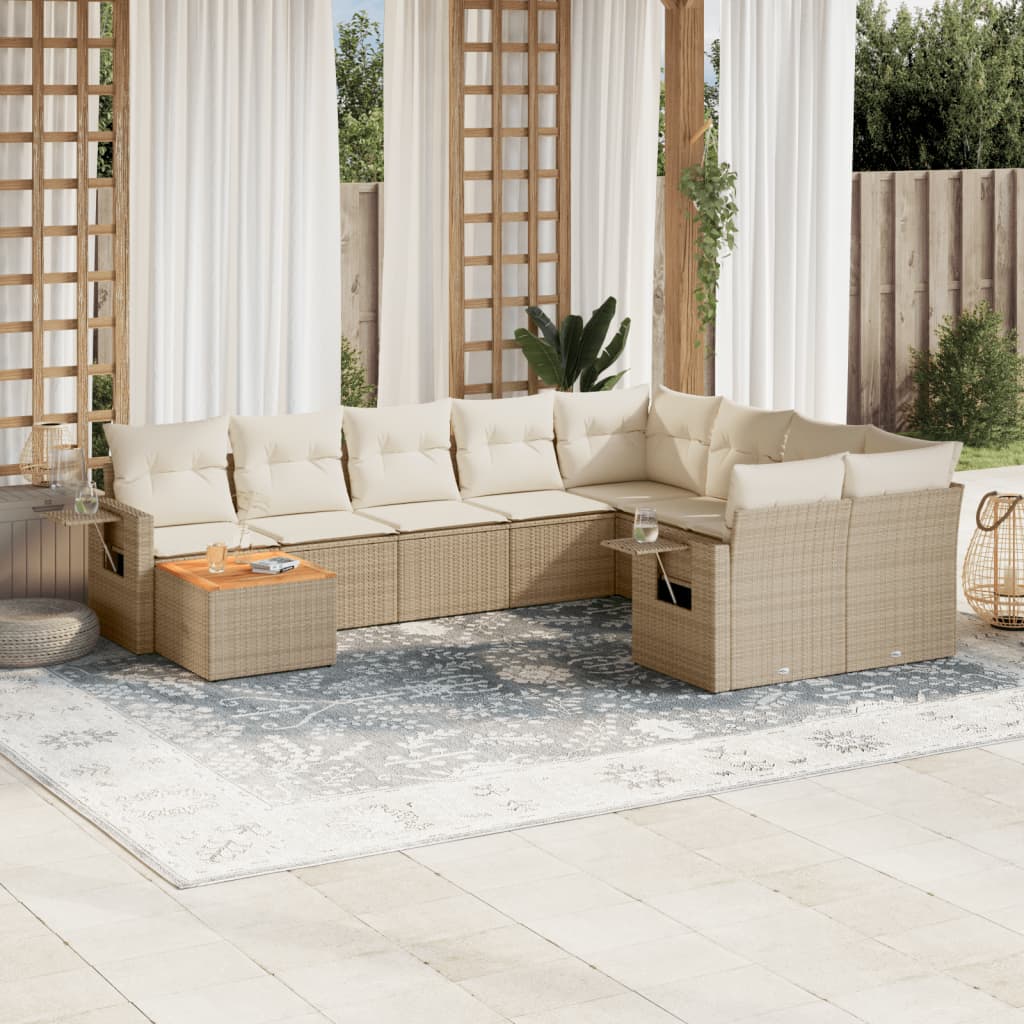 10-delige Loungeset met kussens poly rattan zwart