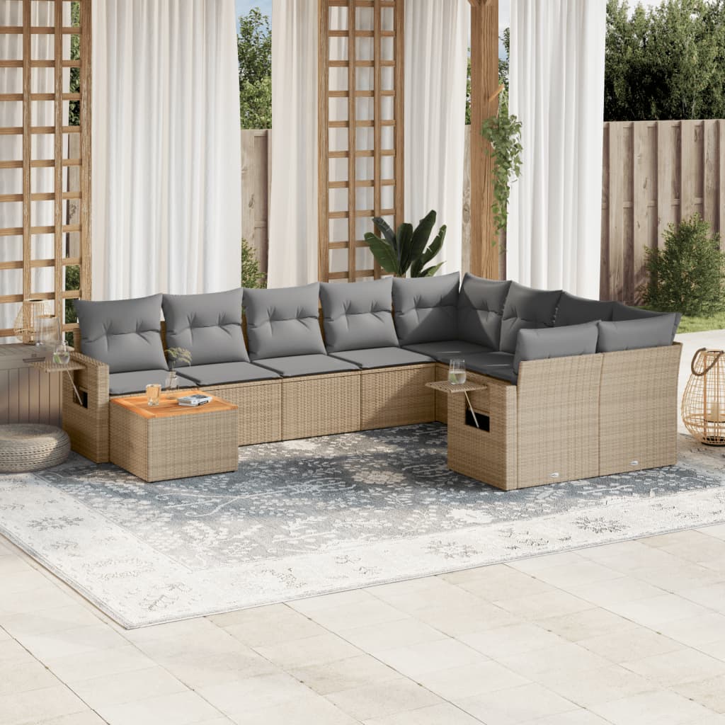 10-delige Loungeset met kussens poly rattan zwart