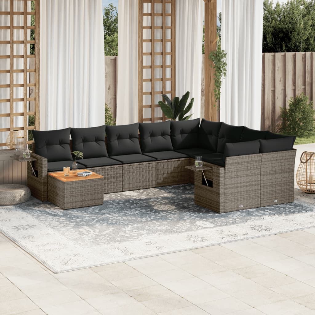 10-delige Loungeset met kussens poly rattan zwart