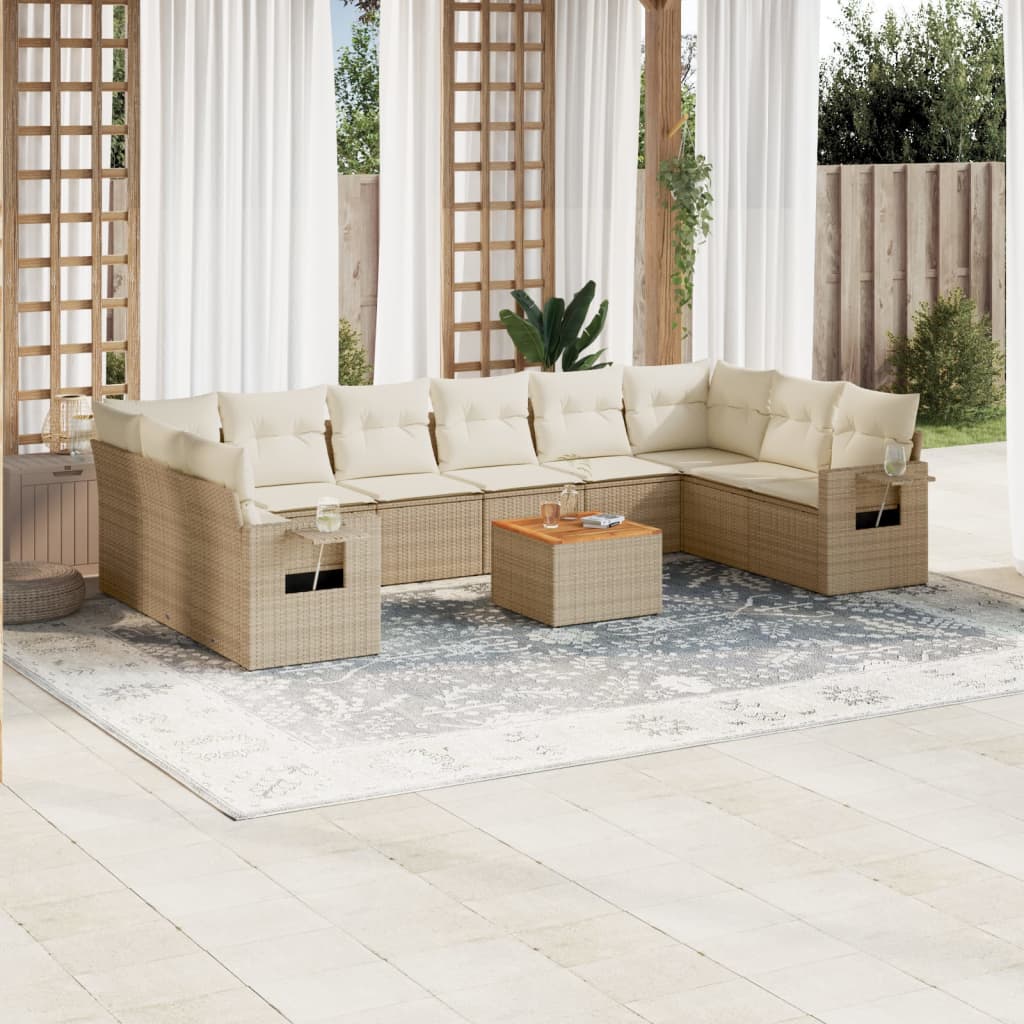 11-delige Tuinset met kussens poly rattan beige