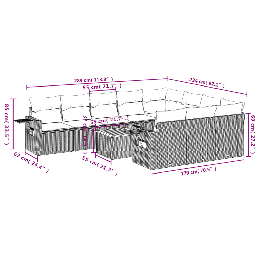 11-delige Tuinset met kussens poly rattan beige