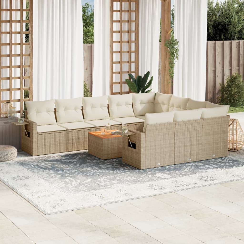 11-delige Tuinset met kussens poly rattan beige