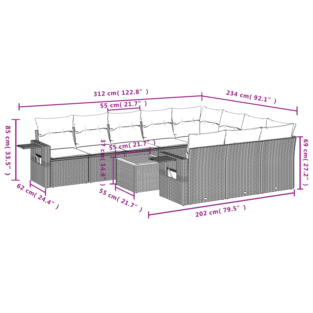 11-delige Tuinset met kussens poly rattan beige