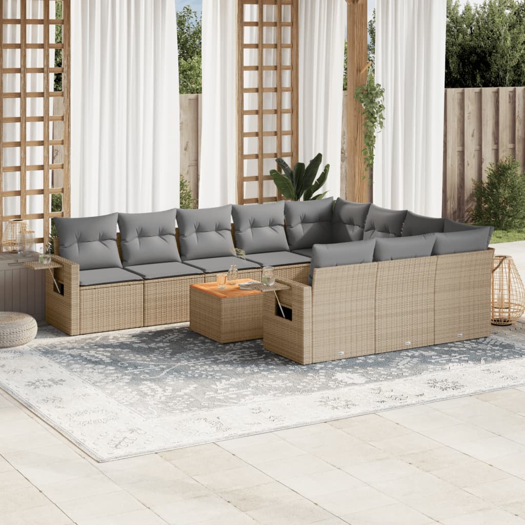 11-delige Tuinset met kussens poly rattan beige