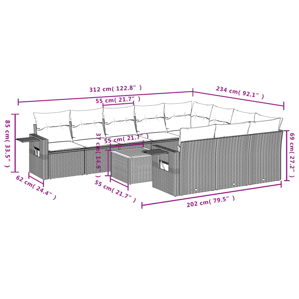 11-delige Tuinset met kussens poly rattan beige