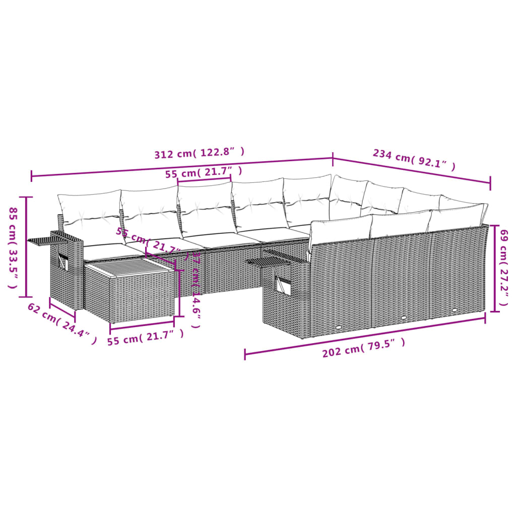 11-delige Tuinset met kussens poly rattan beige