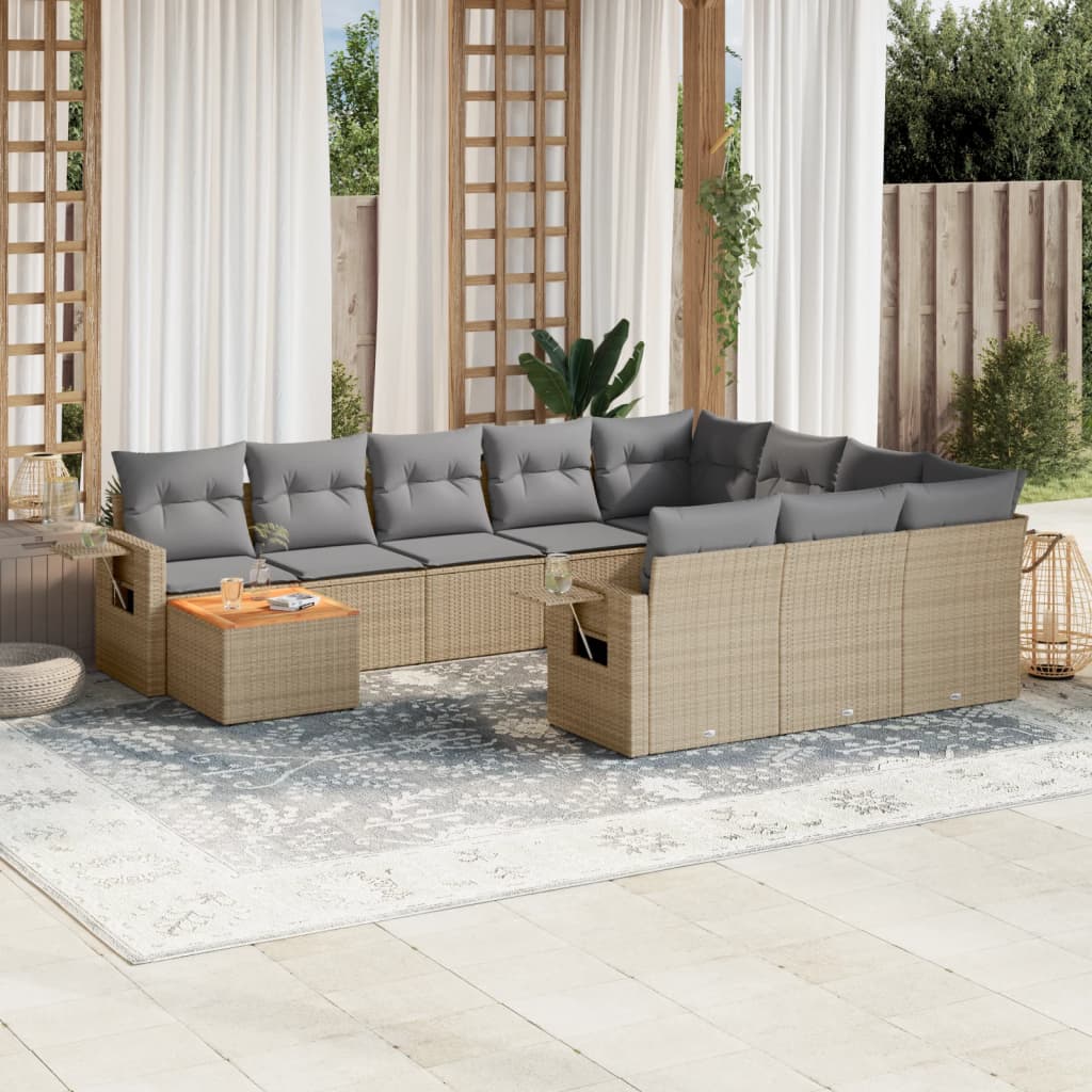 11-delige Tuinset met kussens poly rattan beige