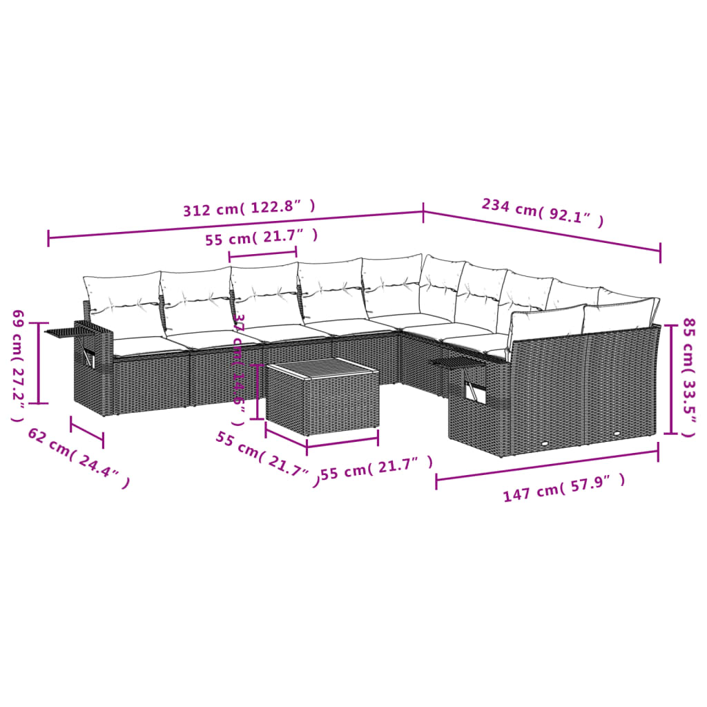 11-delige Tuinset met kussens poly rattan beige