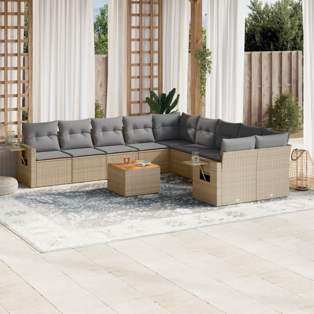 11-delige Tuinset met kussens poly rattan beige