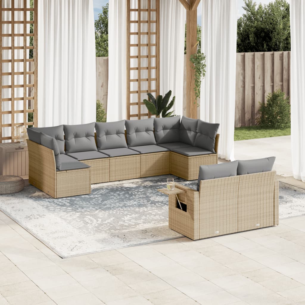 10-delige Loungeset met kussens poly rattan beige