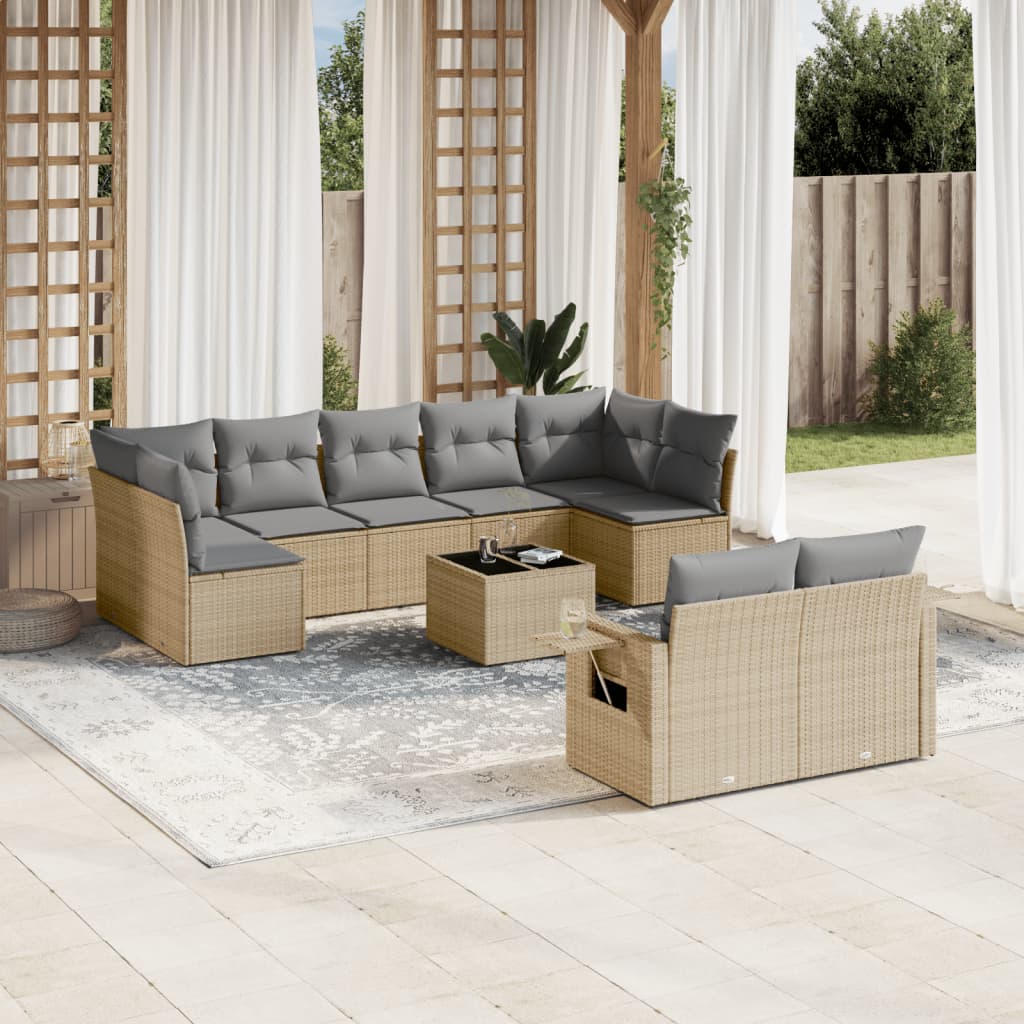 10-delige Loungeset met kussens poly rattan beige