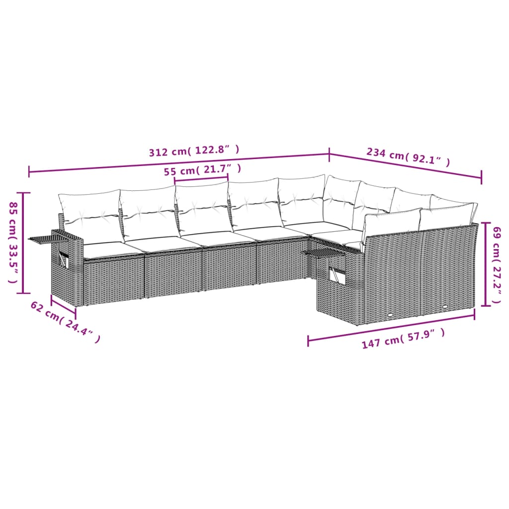 10-delige Loungeset met kussens poly rattan lichtgrijs