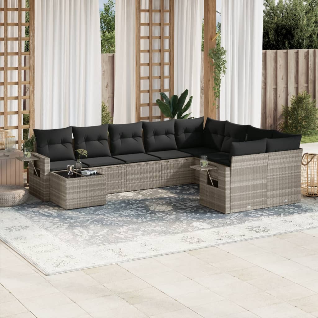 10-delige Loungeset met kussens poly rattan grijs