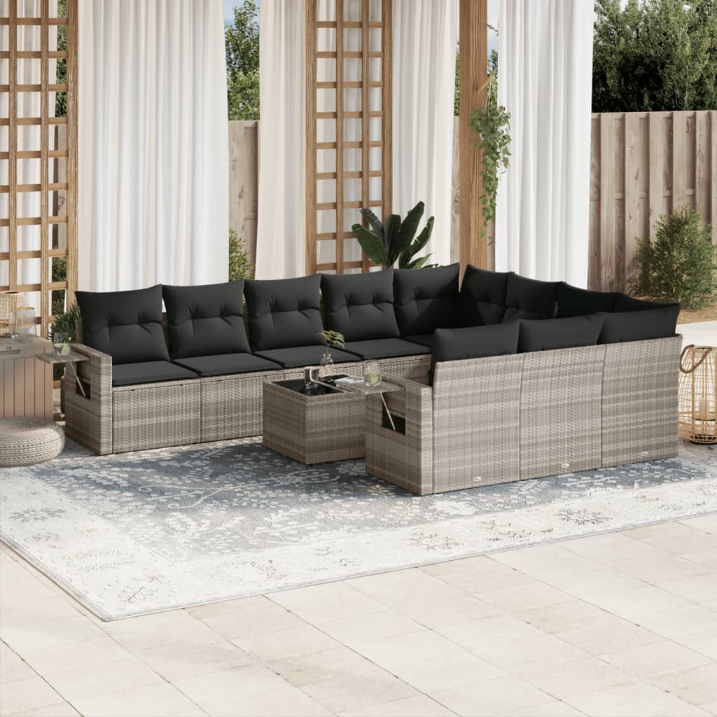 11-delige Loungeset met kussens poly rattan lichtgrijs