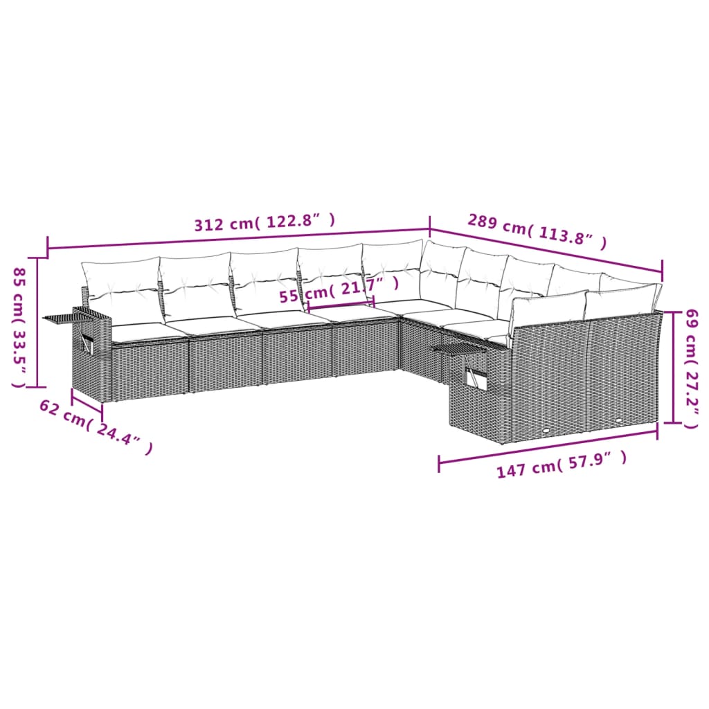 11-delige Tuinset met kussens poly rattan beige