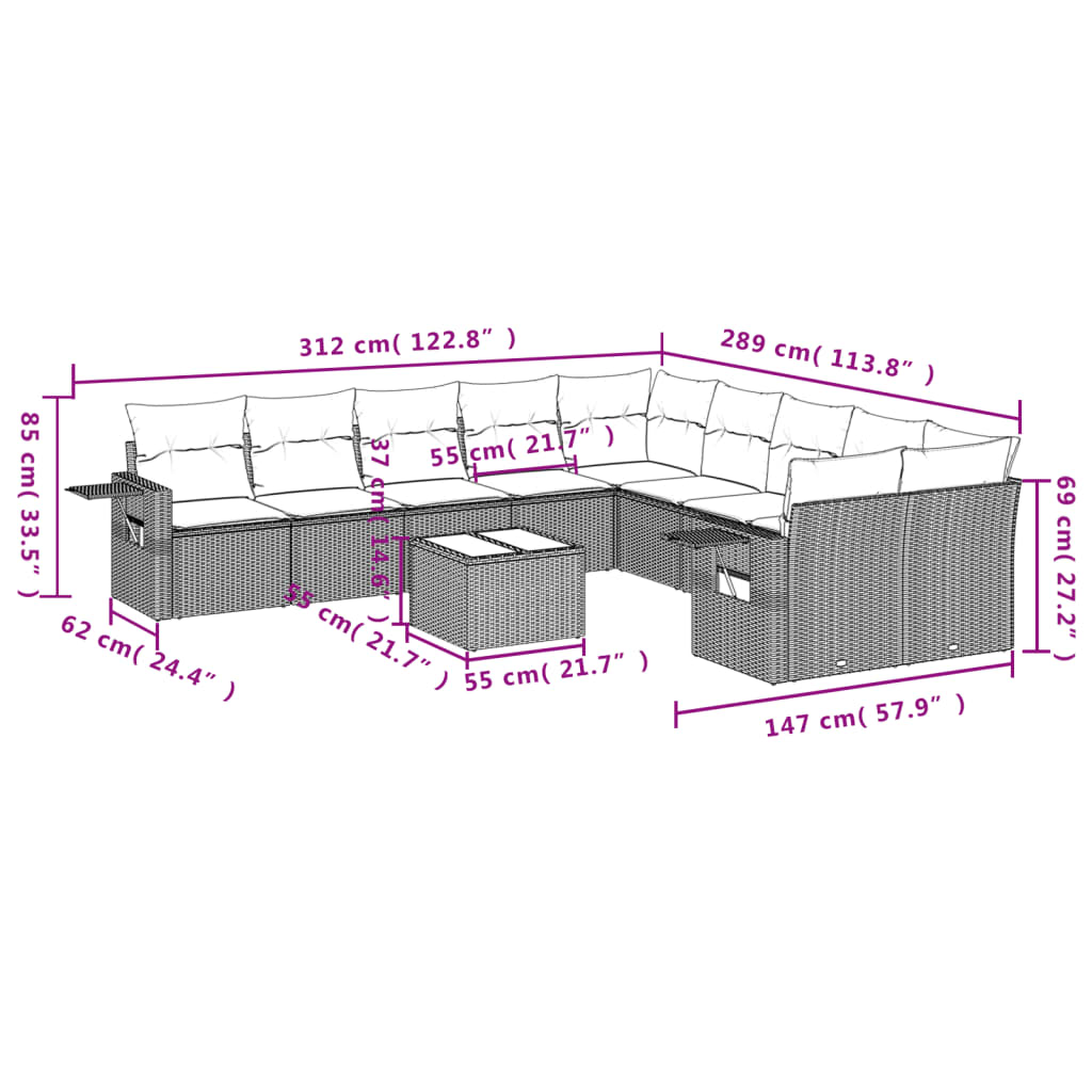 11-delige Tuinset met kussens poly rattan beige