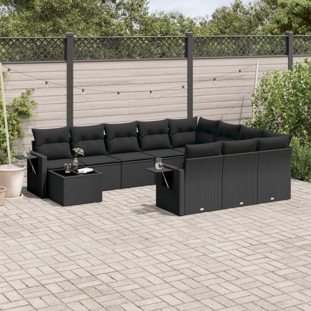 11-delige Loungeset met kussens poly rattan zwart