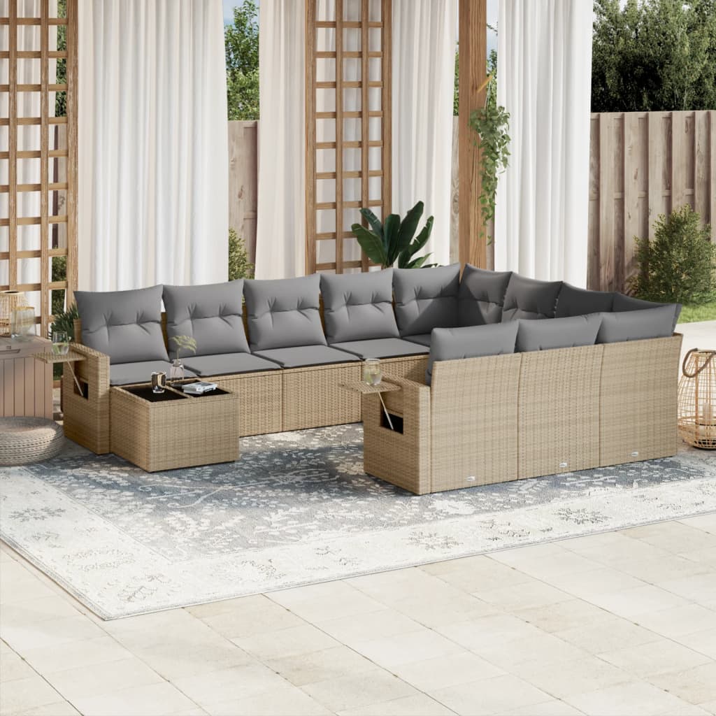 11-delige Loungeset met kussens poly rattan zwart