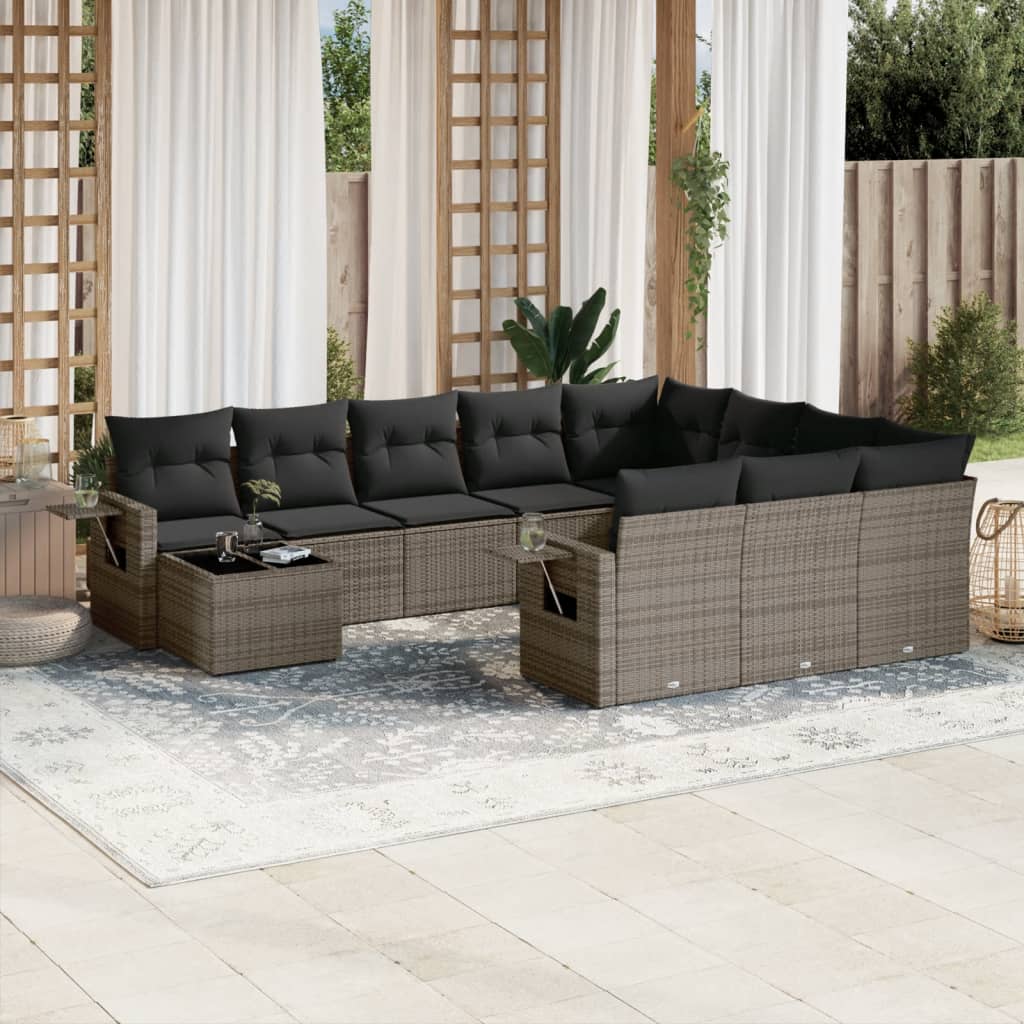 11-delige Loungeset met kussens poly rattan zwart