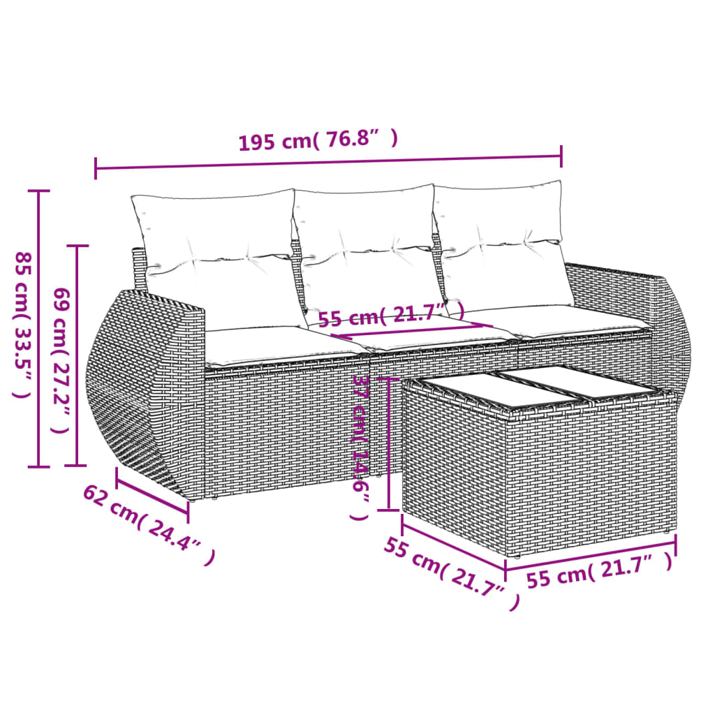 3-delige Loungeset met kussens poly rattan