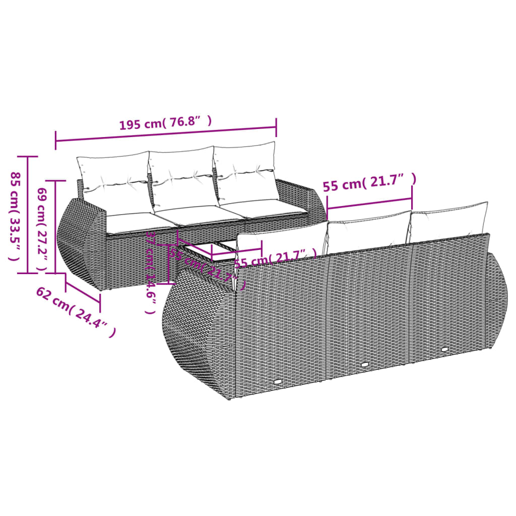 7-delige Loungeset met kussens poly rattan