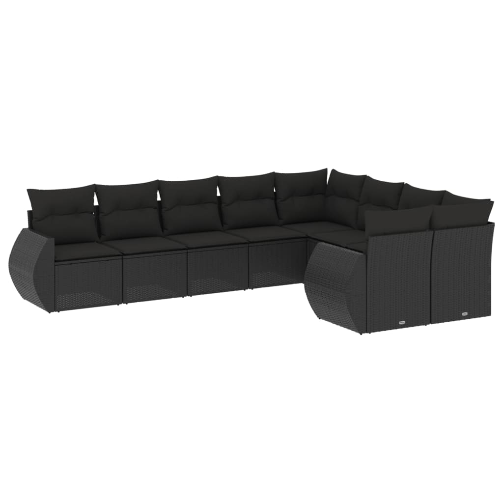 10-delige Loungeset met kussens poly rattan zwart