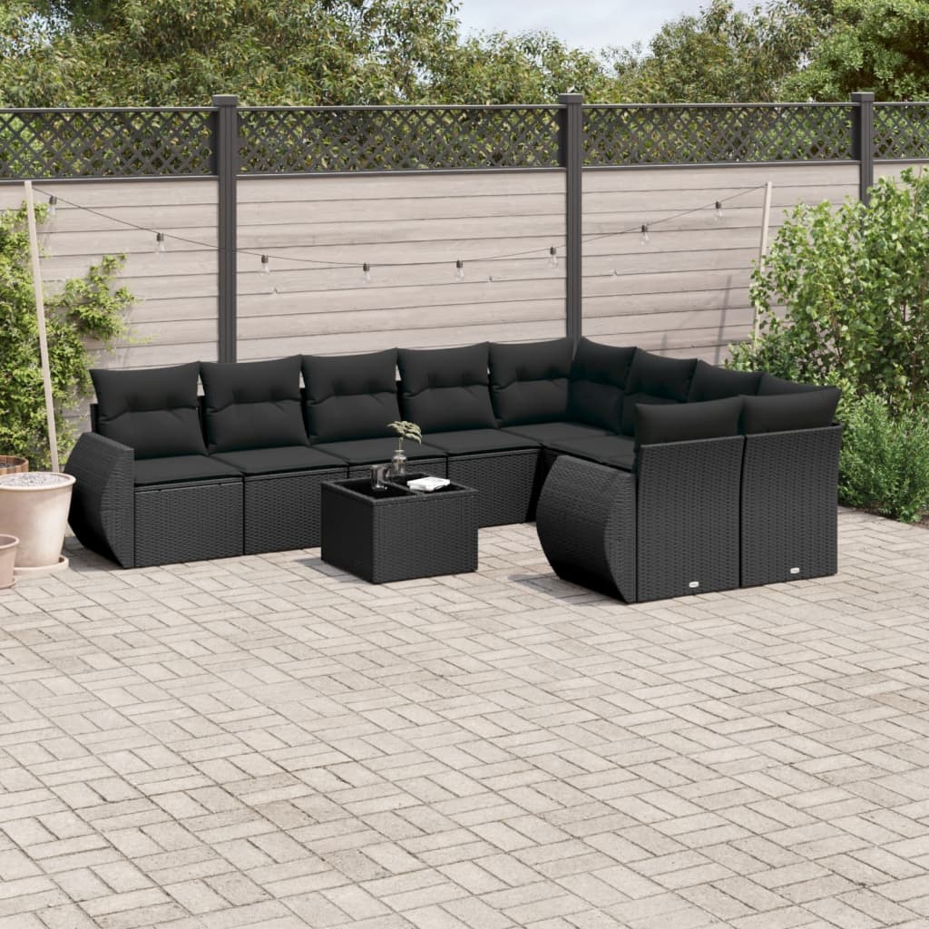 10-delige Loungeset met kussens poly rattan zwart